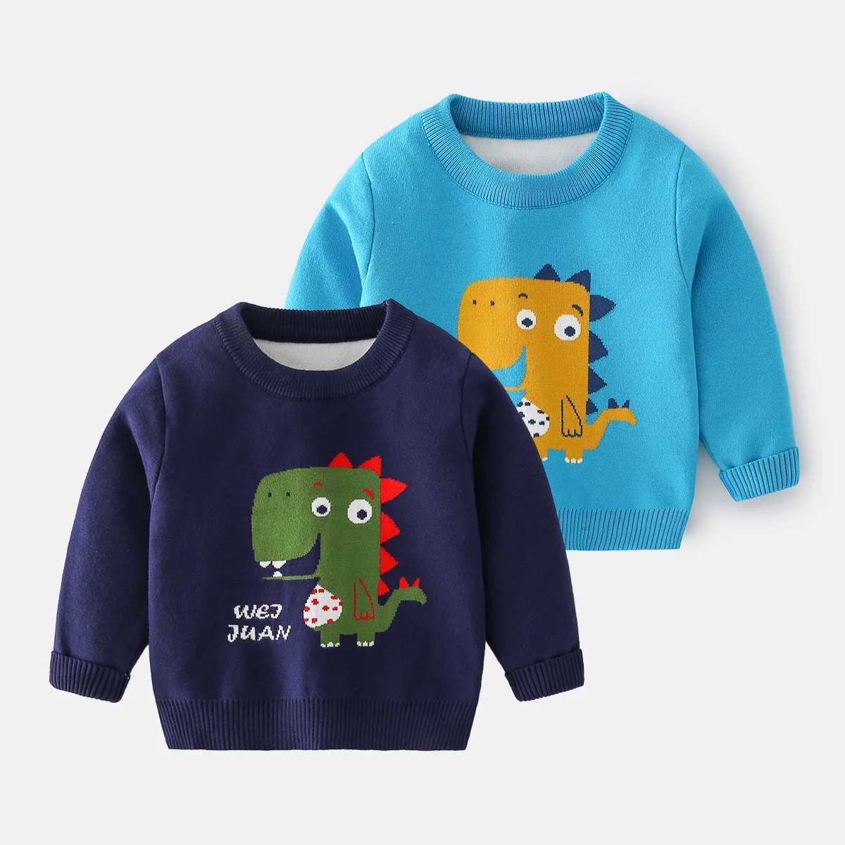 Boys Casual Cute Cartoon Dinosaur Jacquard Knitted Crew Neck Sweater Toddler Baby Knitwear Children's Autumn Winter Sweaters
