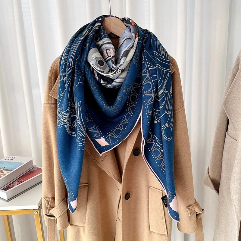 Horse Printed Wool Blanket Scarf Shawl Cape 2024 Spring Womens Wool Scarves Foulard Echarpe 130x130cm