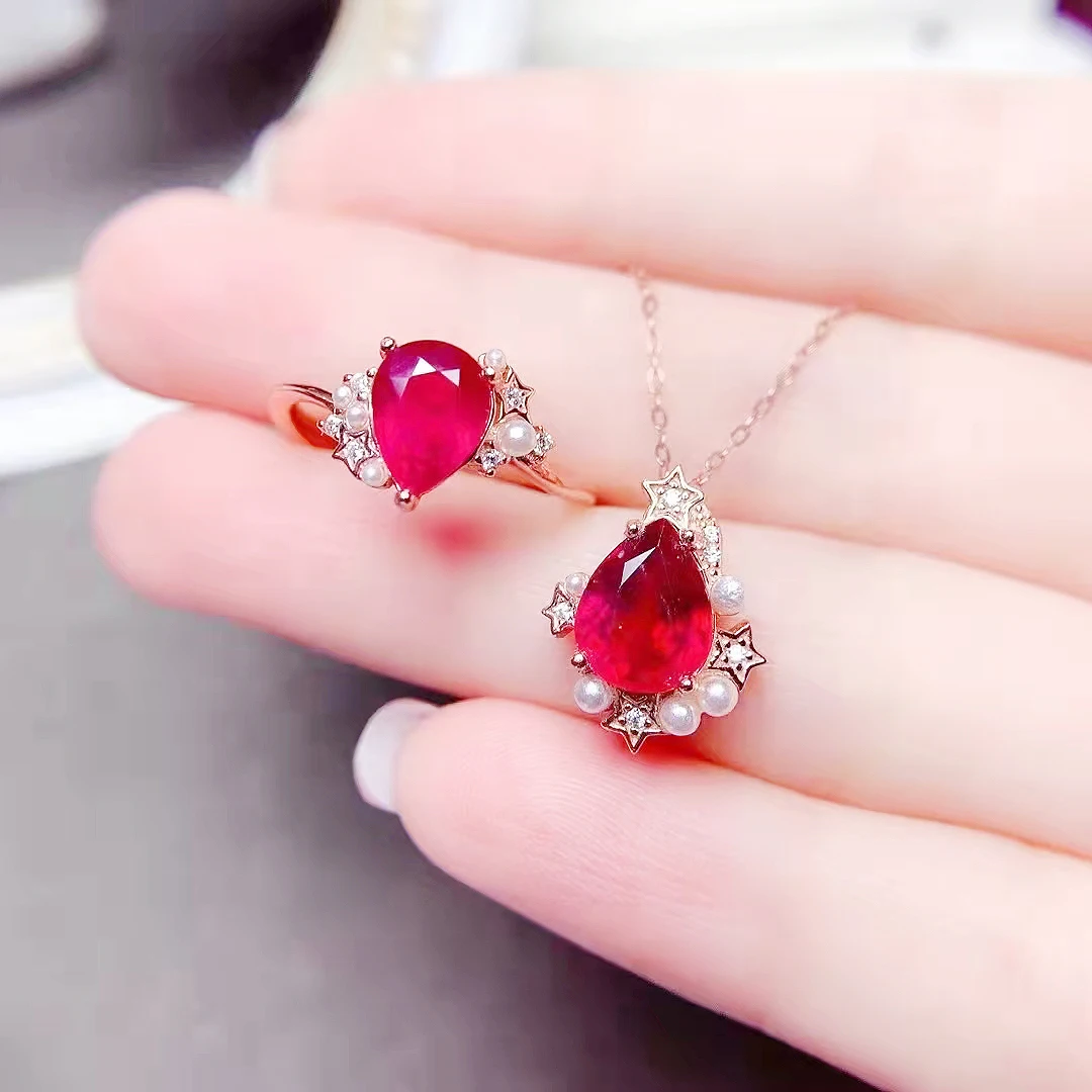 

Natural Ruby Ring Pendant Luxury Set S925 Sterling Silver Fine Women's Jewelry Free Shipping