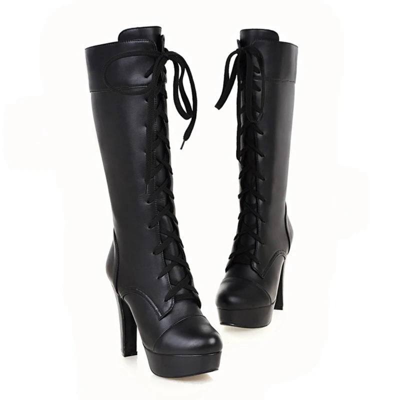 REAVE CAT British Ladies Knee High Boots Round Toe Lace Up 12CM Platforms Spike Heels Shoes Size 31-45 White A4206