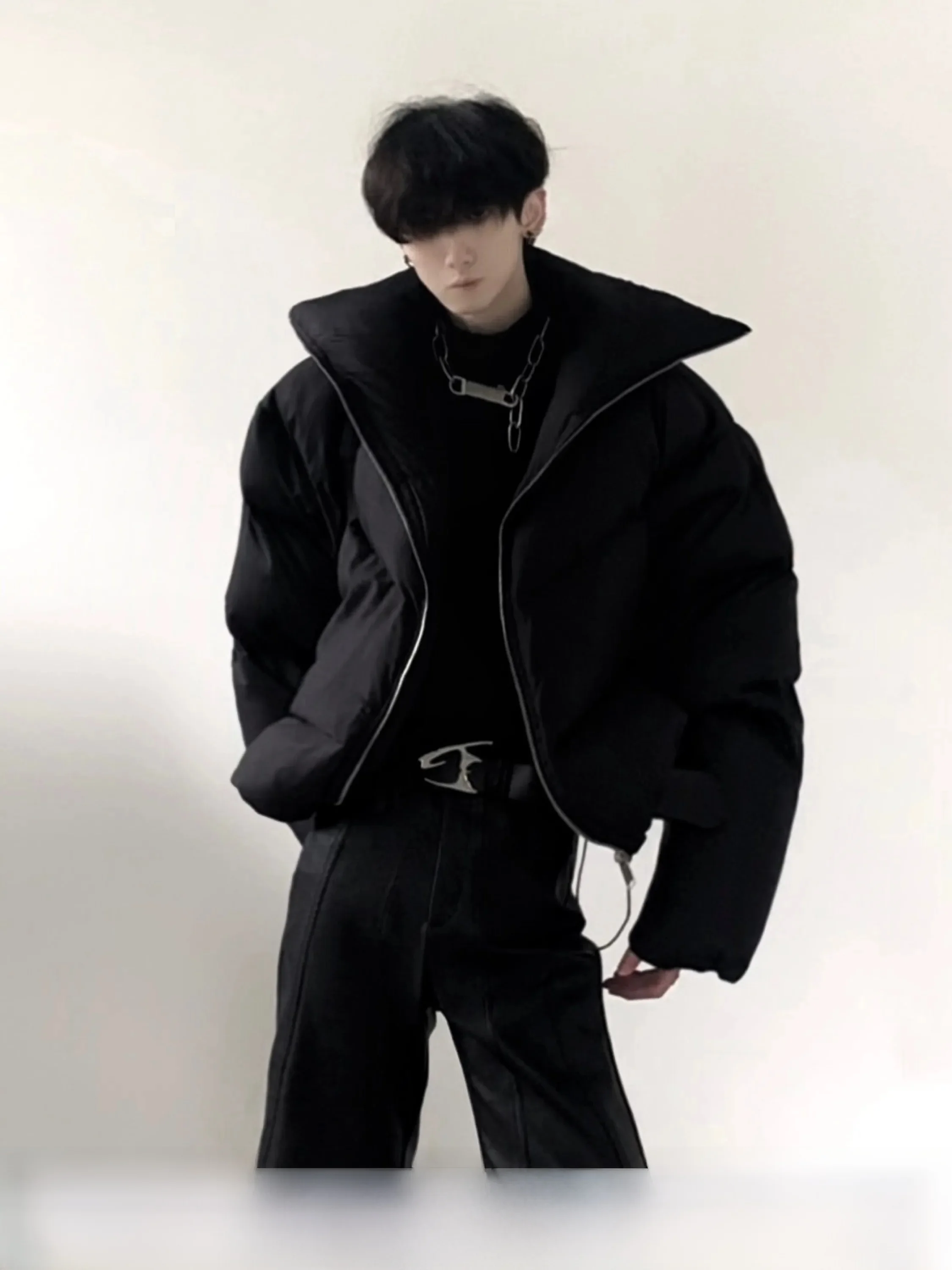 Autumn Mountain Wind Thickened Short High Collar Cotton Jacket Men's Winter Fashion Urban Style Long Sleeve Zipper Closure Coat