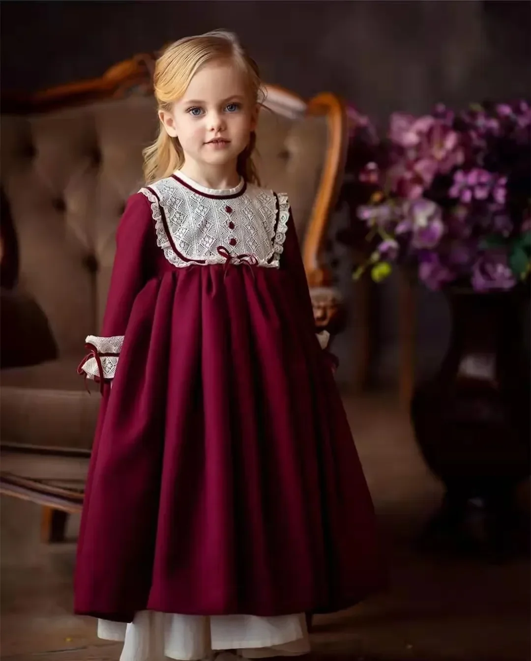

0-12Y Baby Girl Autumn Winter Lace Wine Red Burgundy Long Dress for Birthday