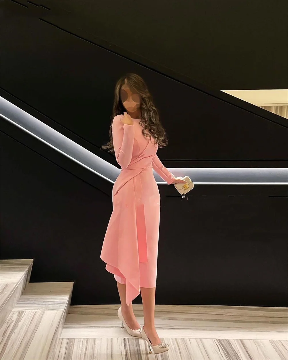 Vestido de noche de sirena de gasa con pliegue largo rosa, vestido Formal elegante de manga larga para graduación, cuello redondo, nuevos vestidos de fiesta para mujer 2023