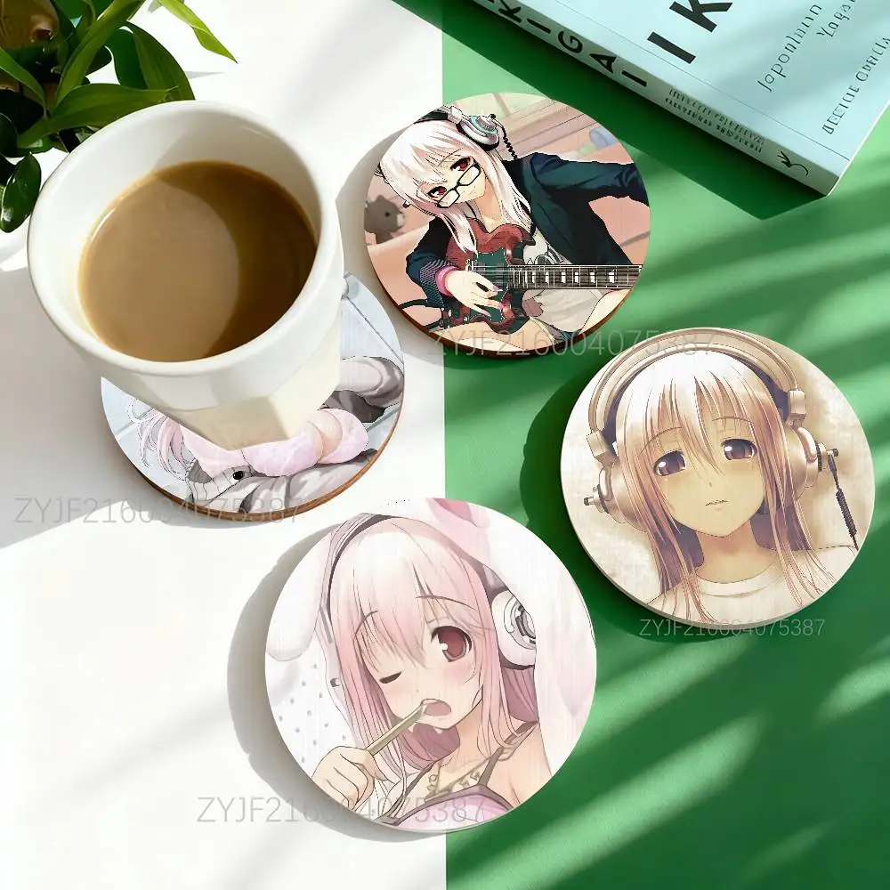 S-Super Sonico Anime Round Wooden Coasters Heat Resistant Non-slip Drink Cafe Decoration 2D Flat Color Print Set