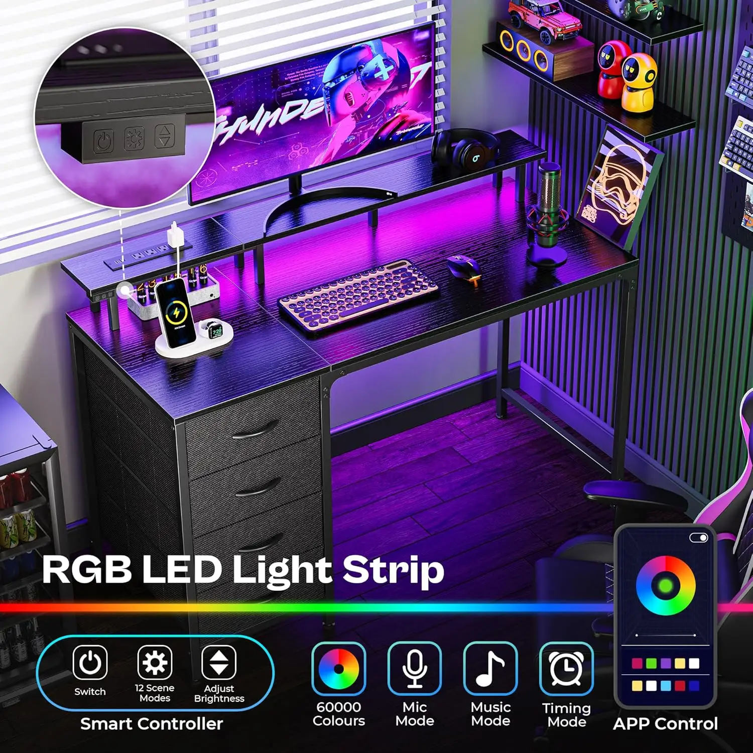 مكتب ألعاب مقاس 47 بوصة مزود بمنافذ طاقة وأضواء LED و4 أدراج، أسود #4