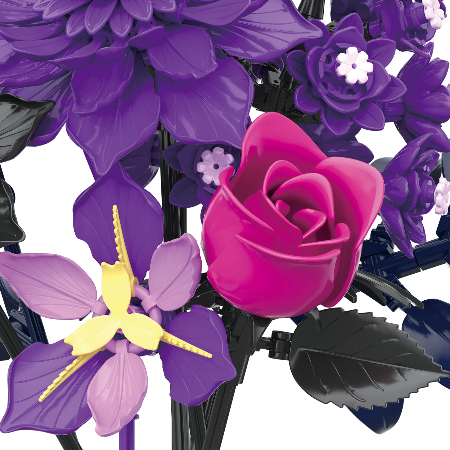 Bouquet di rose nere viola Set di blocchi di fiori Collezione botanica Decorazione domestica gotica Modello di mattoni Giocattolo per regalo per adulti