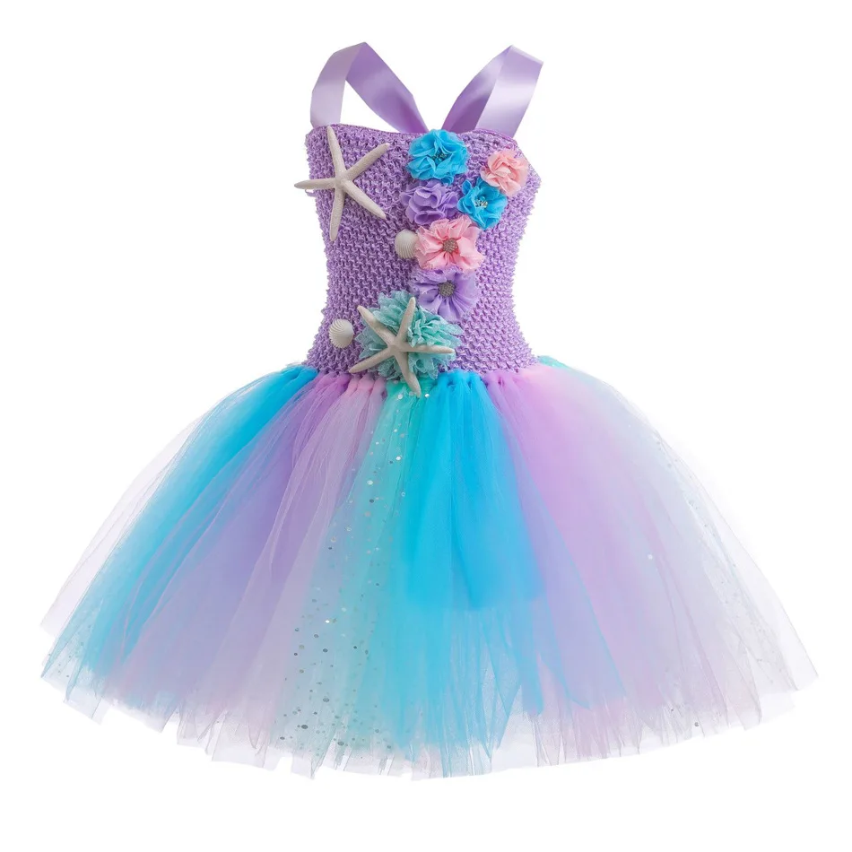 1-12Y Cute Mermaid Tutu Dress with Coral Starfish Appliques Off Shoulder Fancy Princess Frock Toddler Birthday Party Puffy Gown