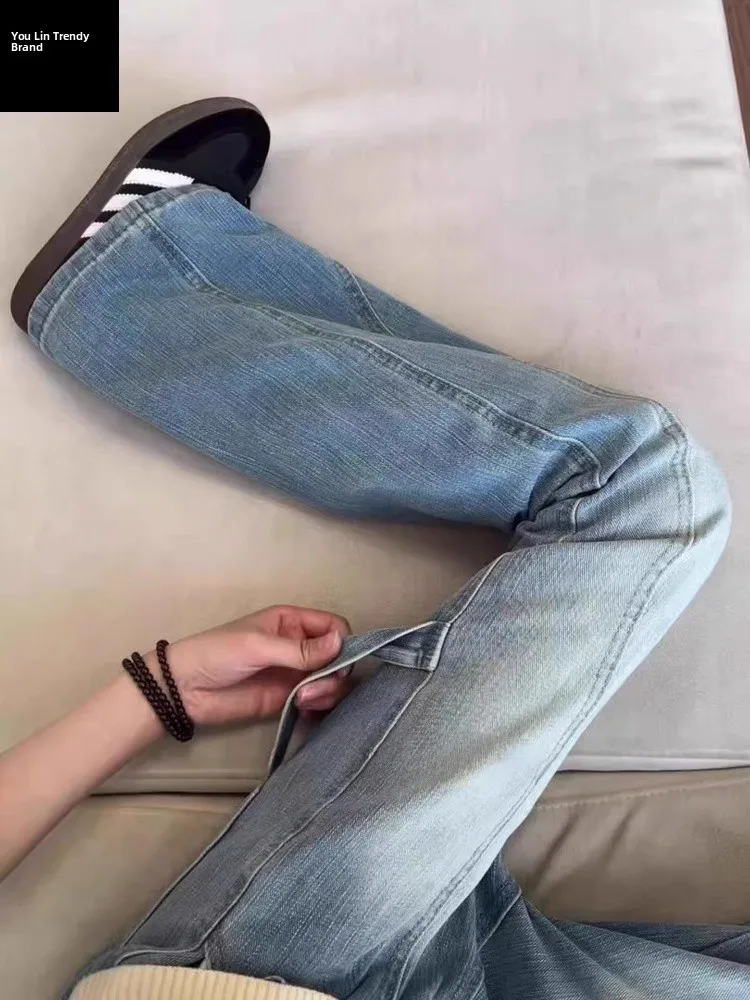 

Light Blue Bamboo Node Pattern Diagonal Cut Slim Fit Straight Leg Jeans High Waist Vintage Washed Casual Workwear Trousers