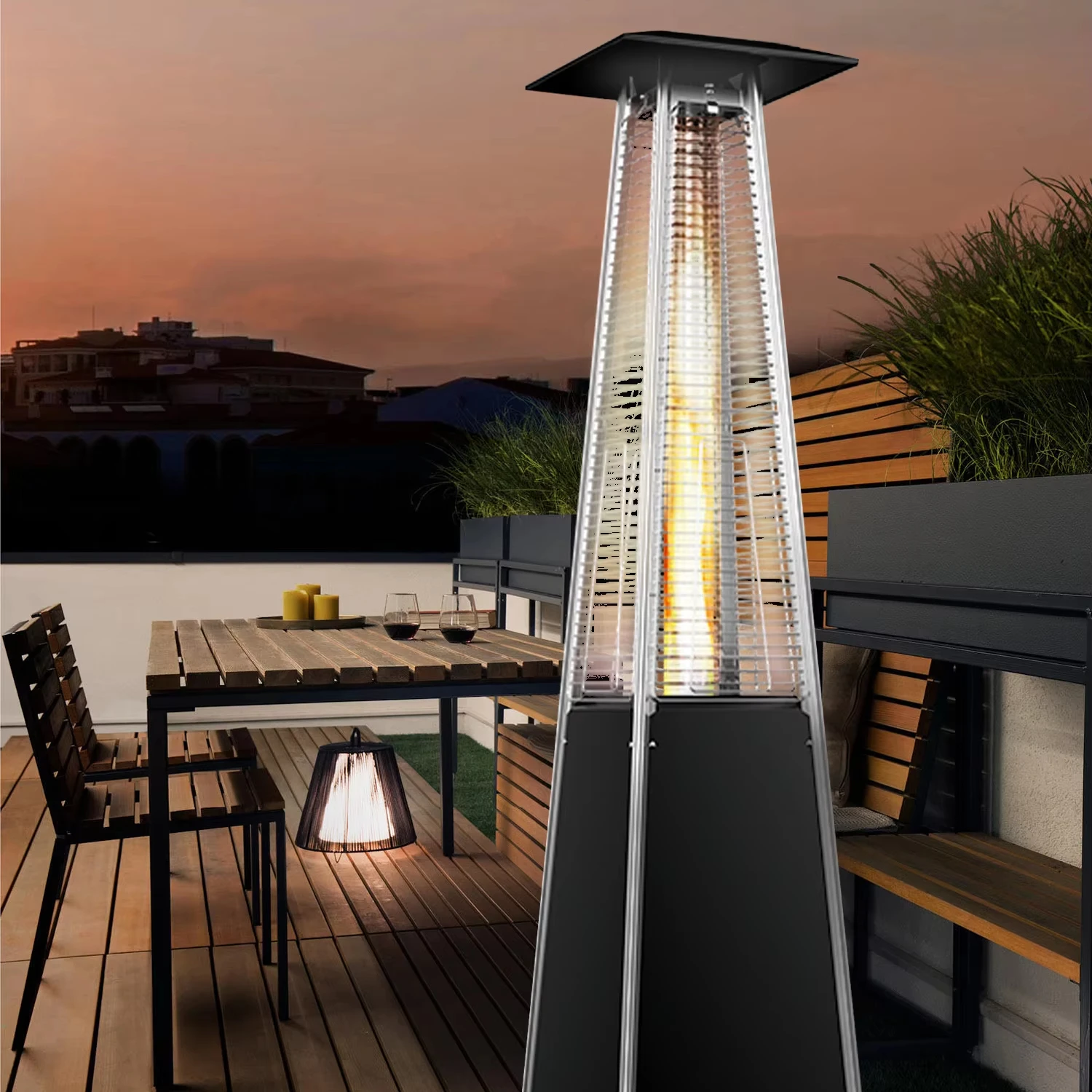 12kw Weatherproof Design Smokeless Outdoor Garden Courtyard Pellet Stove Pyramid Patio Pellet Heater With Wheels