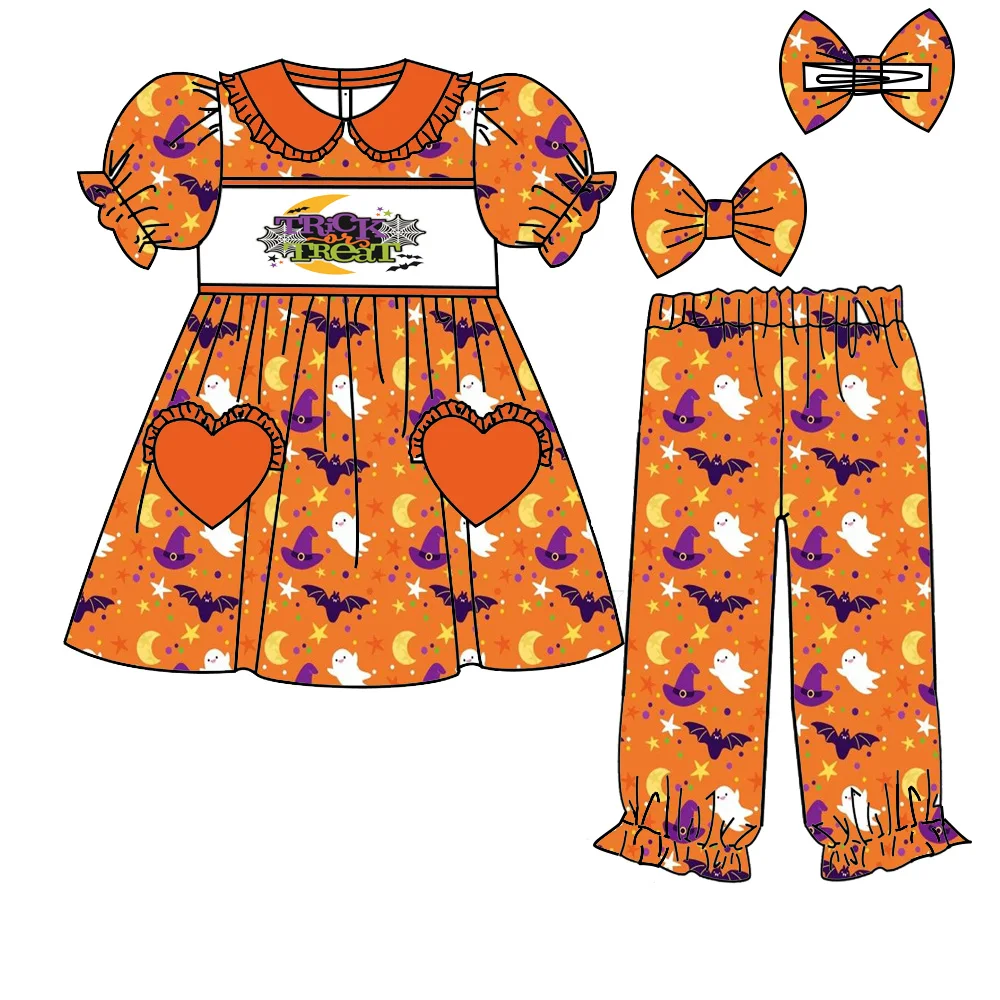 New Halloween Boutique Children's Suit Short-Sleeved Elastic Bat Hat Star Print Trousers Girls Boys Trousers Pajama Set