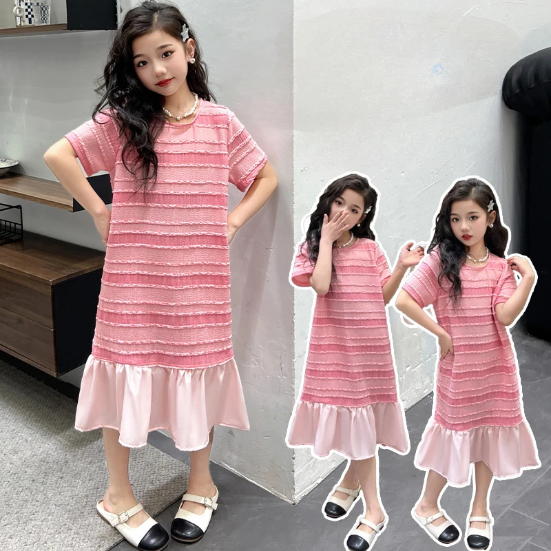 Girls Casual Dresses Pink Striped Short-sleeved Dress Mesh Patchwork Casual Dress Kids Clothes Summer Dress