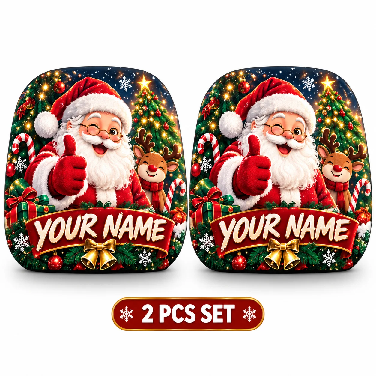 Custom Christmas Car Headrest Covers 2PCS Personalized Name Santa Reindeer Print Soft Crystal Plush Auto Seat Holiday Decor