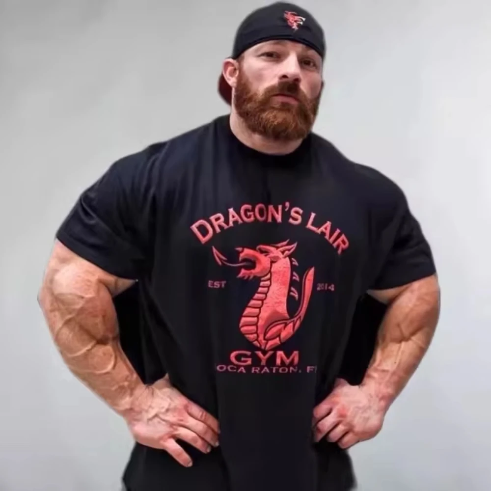 2026 Men Heavy Cotton T Shirt, Dragon Graphic Print Short Sleeve Tee, Bodybuilding Weightlifting Casual Workout Streetwear Top