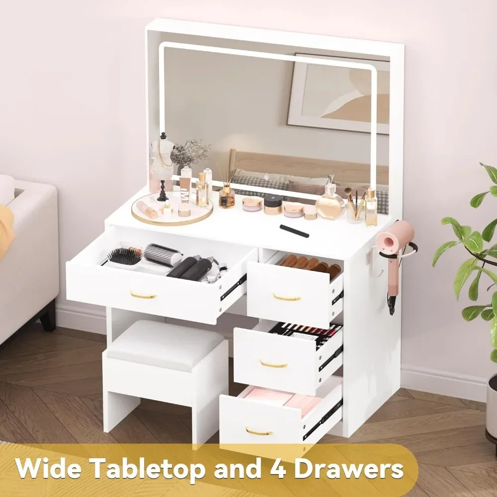 Makeup Dressing Table, Large Lighting Mirror with Power Socket and LED Strip, 3 Color Lighting Modes with Adjustable Brightness