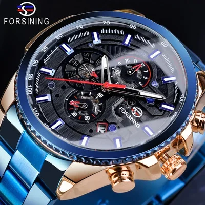 Forsining Waterproof Men's Mechanical Wristwatch Automatic Steel Strap Watch Stylish Fashionable Classic Watch Eyes Needles