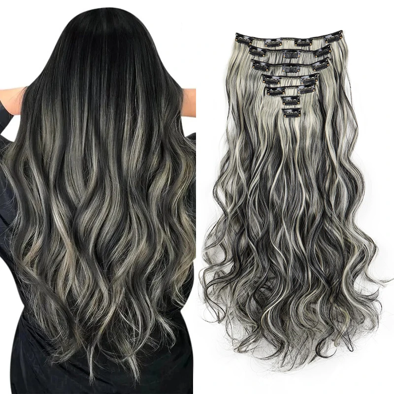Synthetic 18Inch 16Clips Long Curly Hair Extension Heat Resistant Hair Extension Clips In Ombre Black Brown Blond Women