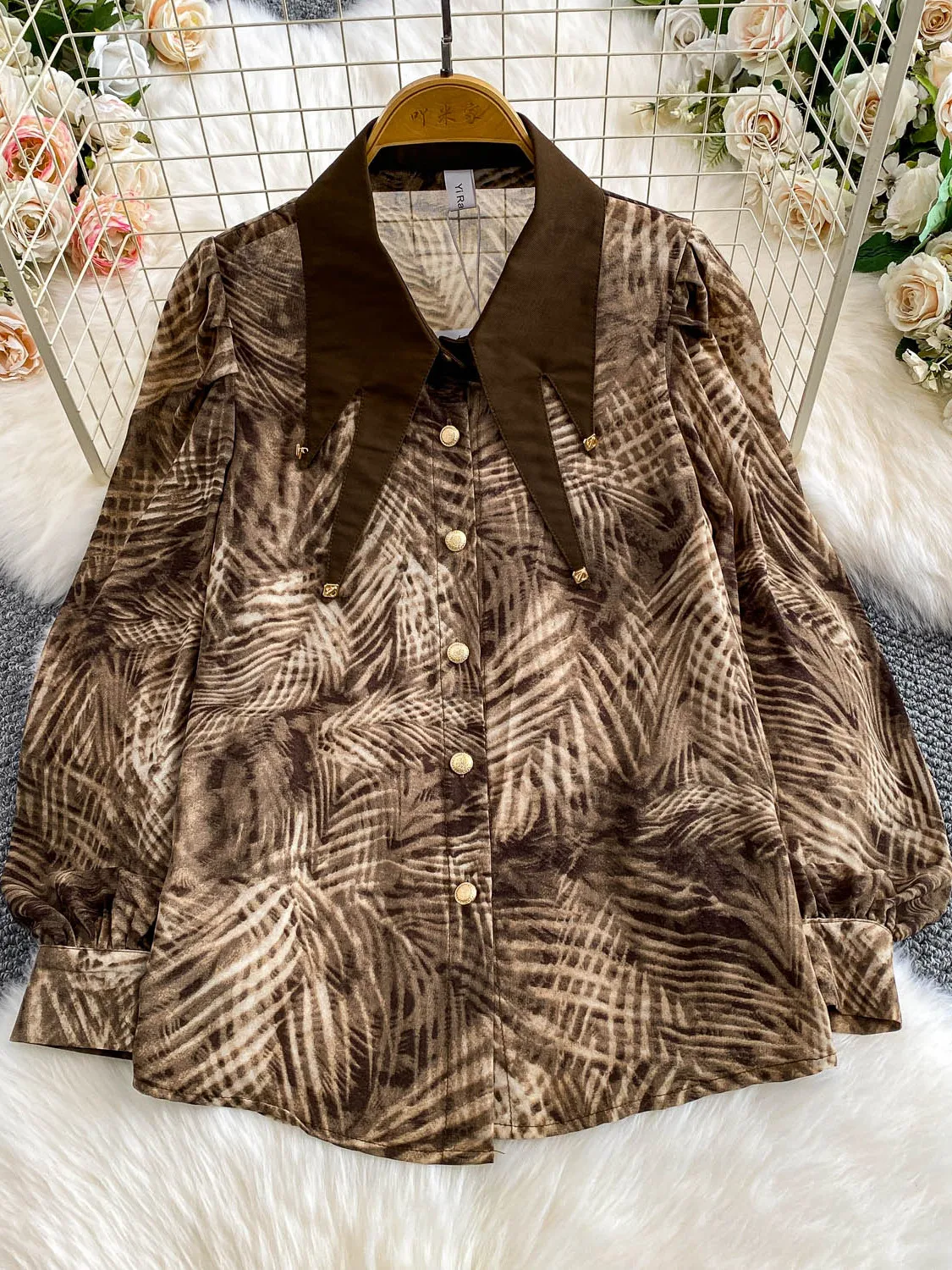 

Ele arp Воротник-фонарь Све irt Женский универсальный топ на одной пуговице Дышащий длинный повседневный топ с принтом Све