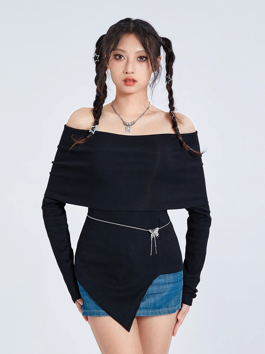 Sexy Women Knit Tops Grunge Aesthetic Long Sleeve Off-shoulder Tops Irregular Solid Fall Slim Fit T-shirt 2023