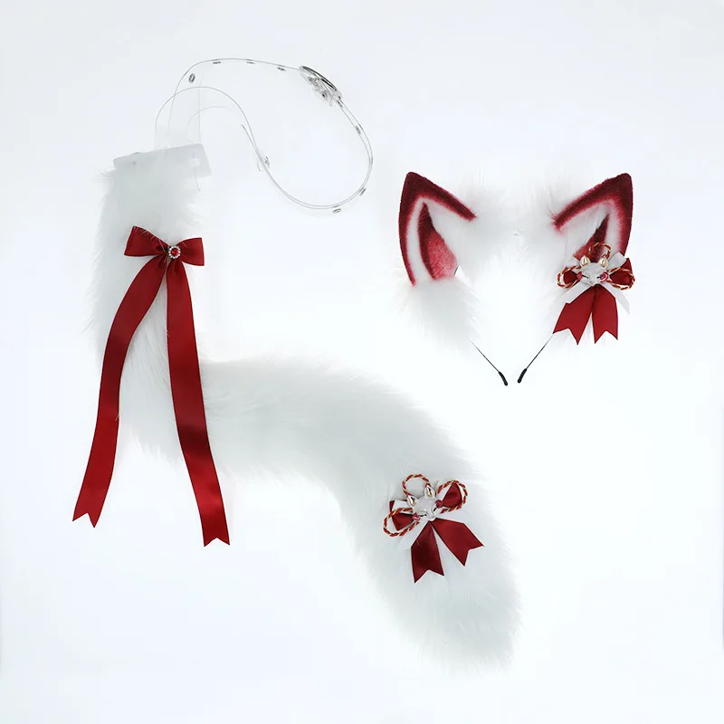 New Red White Lolita Fox Cat Ears and Tail Cosplay Accessories Handmade Plush Wolf Ears Headwear Anime Cosplay Kawaii Headband