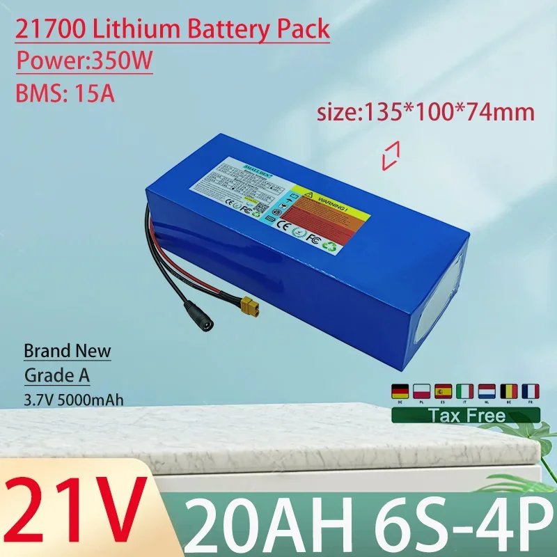 

21V 20Ah 21700 6S4P Lithium Ion Battery Pack 350W Power Tool Batteries Outdoor Backup Batteries With 15A BMS+25.2V 2A charger