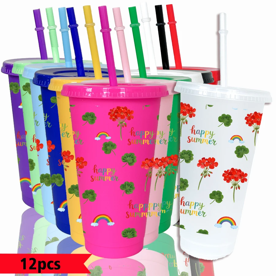 12pcs/pack Rainbow Flowers Leaves Pattern 26oz Colored Plastic Party Cold Drink Cup for Back-to-school Birthday Gift