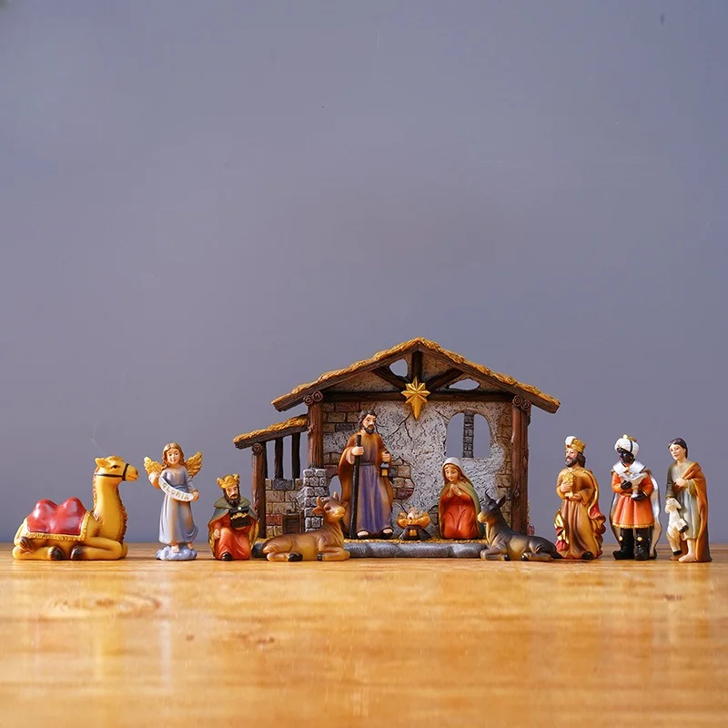Christmas Nativity Set with Camel and Stable House, Resin Figurine Scene Ornament with Gift Box for Xmas Decor