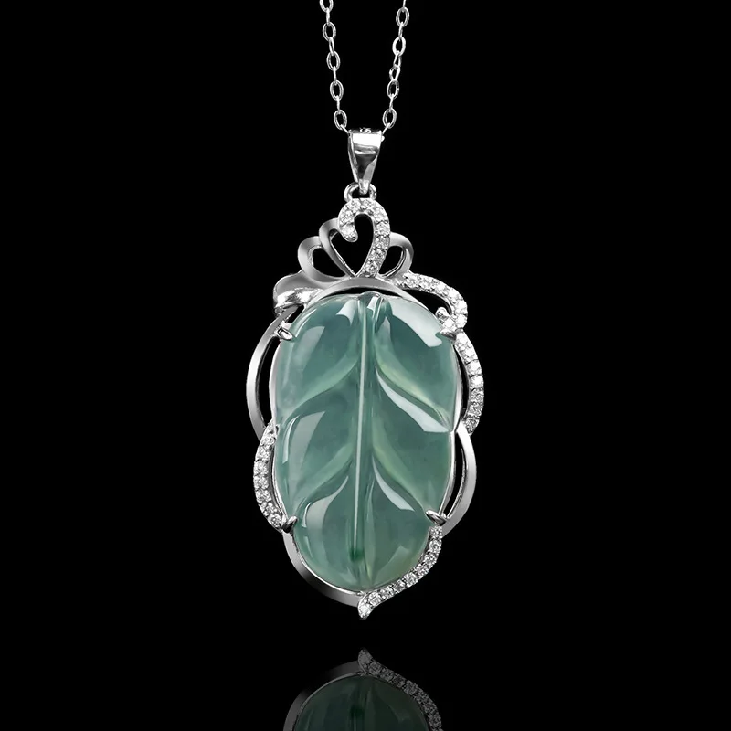 

Natural a Cargo Blue Water Leaves S925 Silver InlayStone Jade Women's Necklace Fashion Pendant