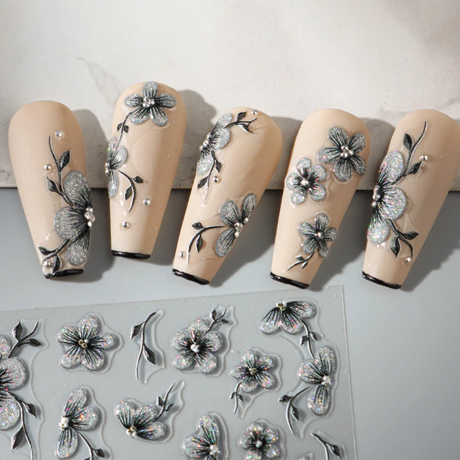Autocollants pour ongles à paillettes noires 5D, aquarelle floraison, décalcomanies de transfert adhésif Floral de printemps, décor pour Nail Art coulissant
