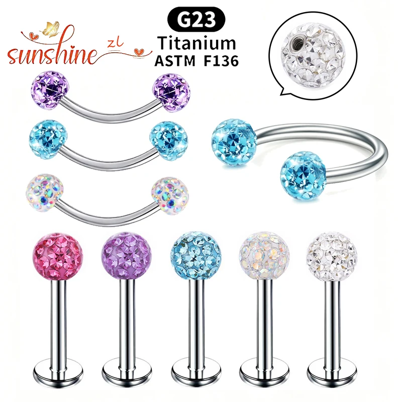 1PS G23 Titanium Lip Labret Piercing Crystal Ball Monroe Lip Stud Helix Tragus Conch Cartilage Eyebrow Ring Earrings Colorful