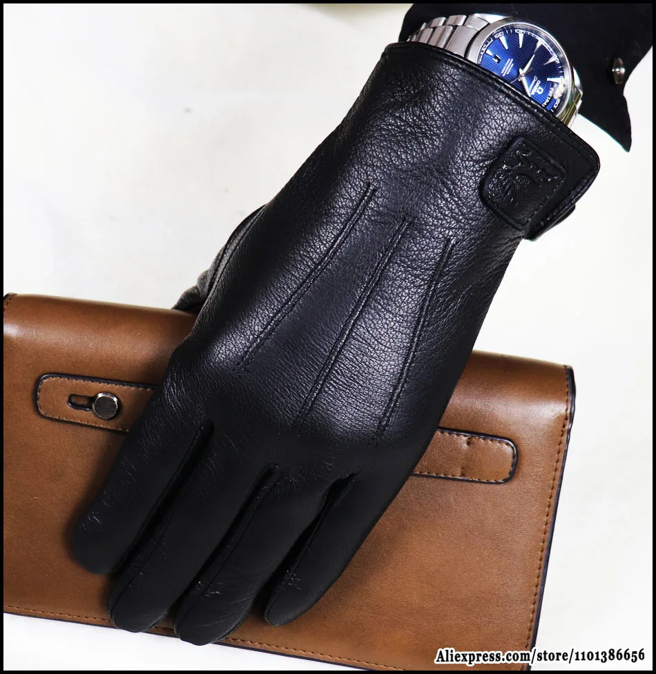 Hochwertige Herren-Lederhandschuhe, Hirschleder-Textur-Ziegenlederhandschuhe, winterwarme Flanellwolle, die mit dünnen und dicken Lederhandschuhen gestrickt ist, Fahrrad- und Fahrlederhandschuhe – Detail 17