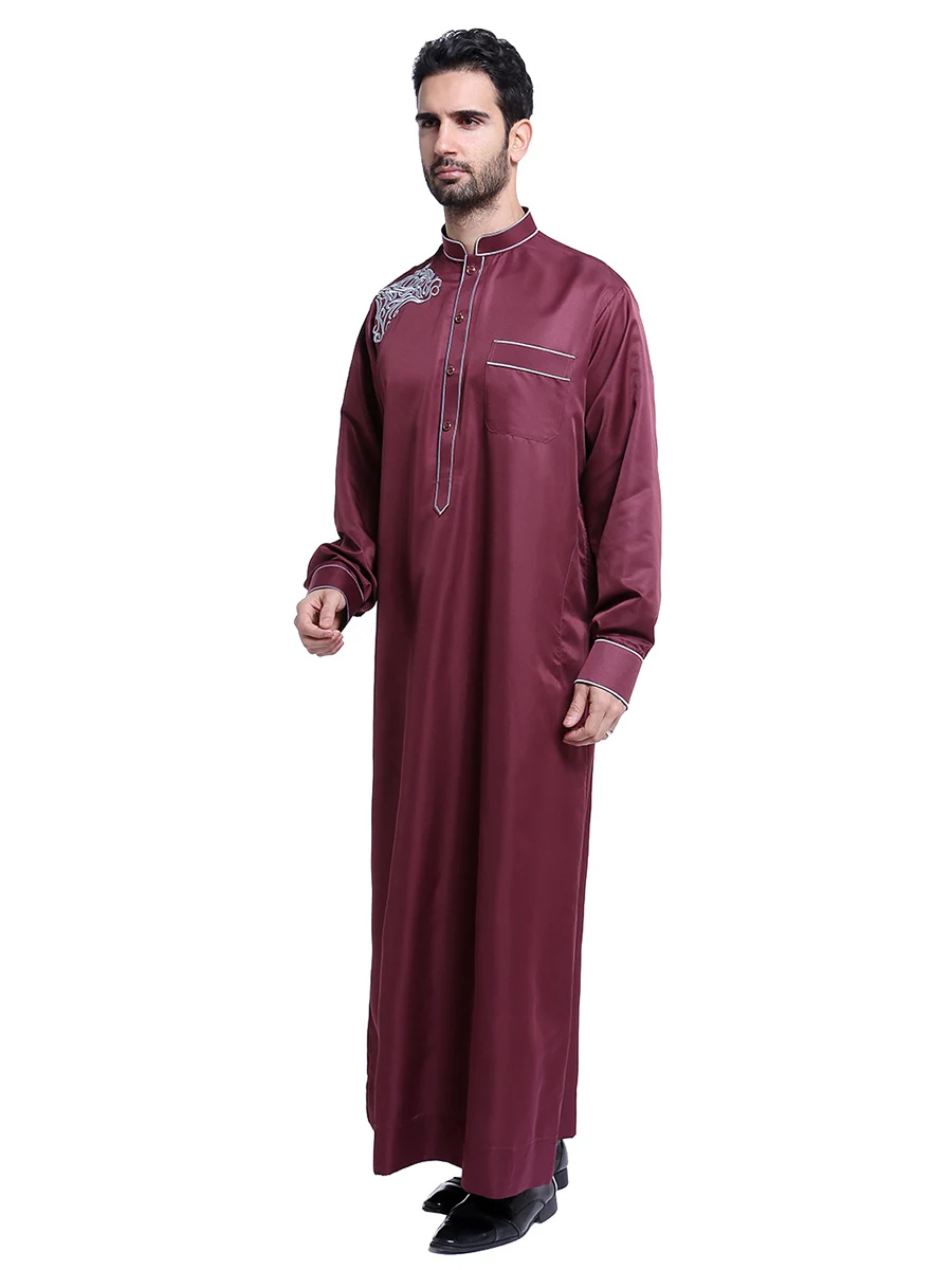 Homens muçulmanos mangas compridas gola bordado botão robe árabe masculino adulto tornozelo comprimento thobe ramadan eid roupas