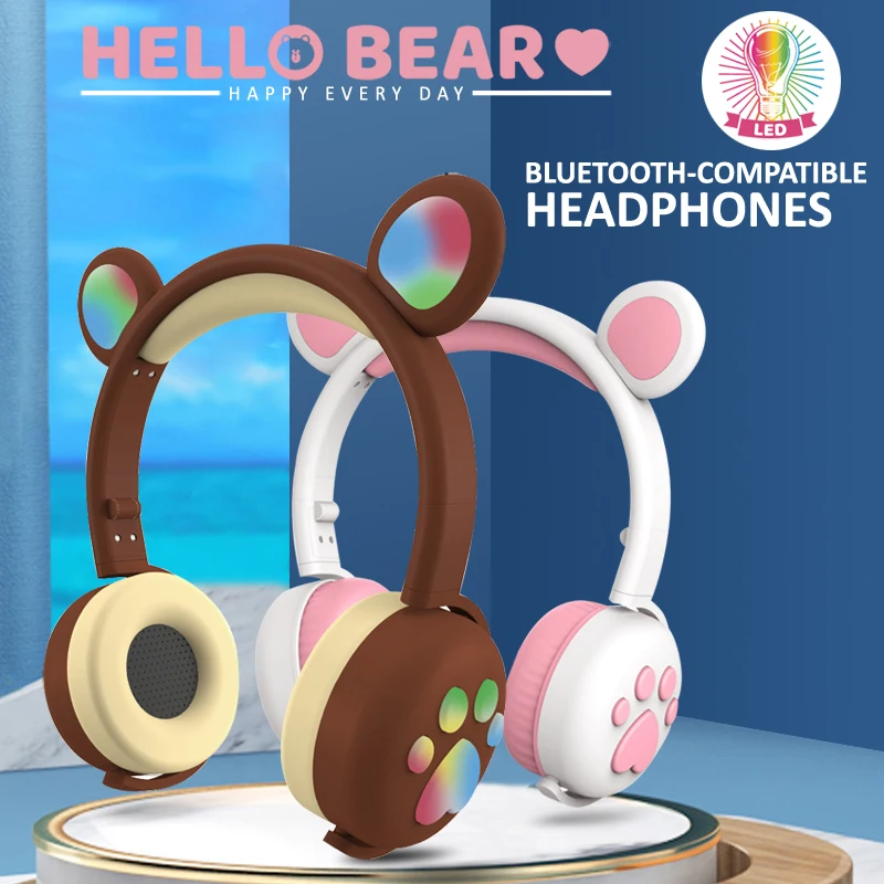 Cute Bear Ear Paw Headset Glowing Kids Wireless Bluetooth-Compatible 5.0 Headphones Girls Earphone with Mic Children Gifts