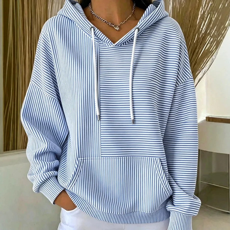 Women Hoodie Striped Drawstring Hood Hooded Sweatshirt Long Sleeve Kangaroo Pocket Sweatshirt Blue Striped Pullover Casual