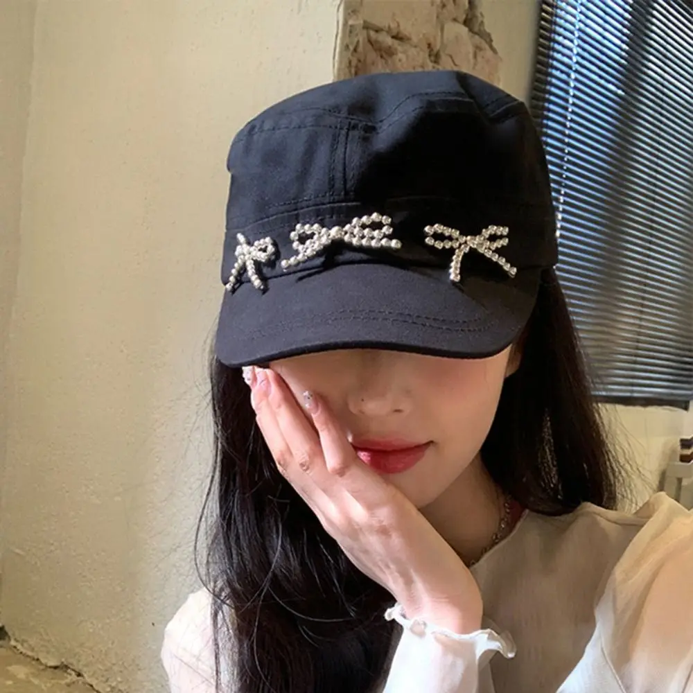 Personality Bowknot Bow Baseball Cap Bead Korean Style Bow Peaked Cap Big Head Circumference Artist Hat Painter Hat Travel