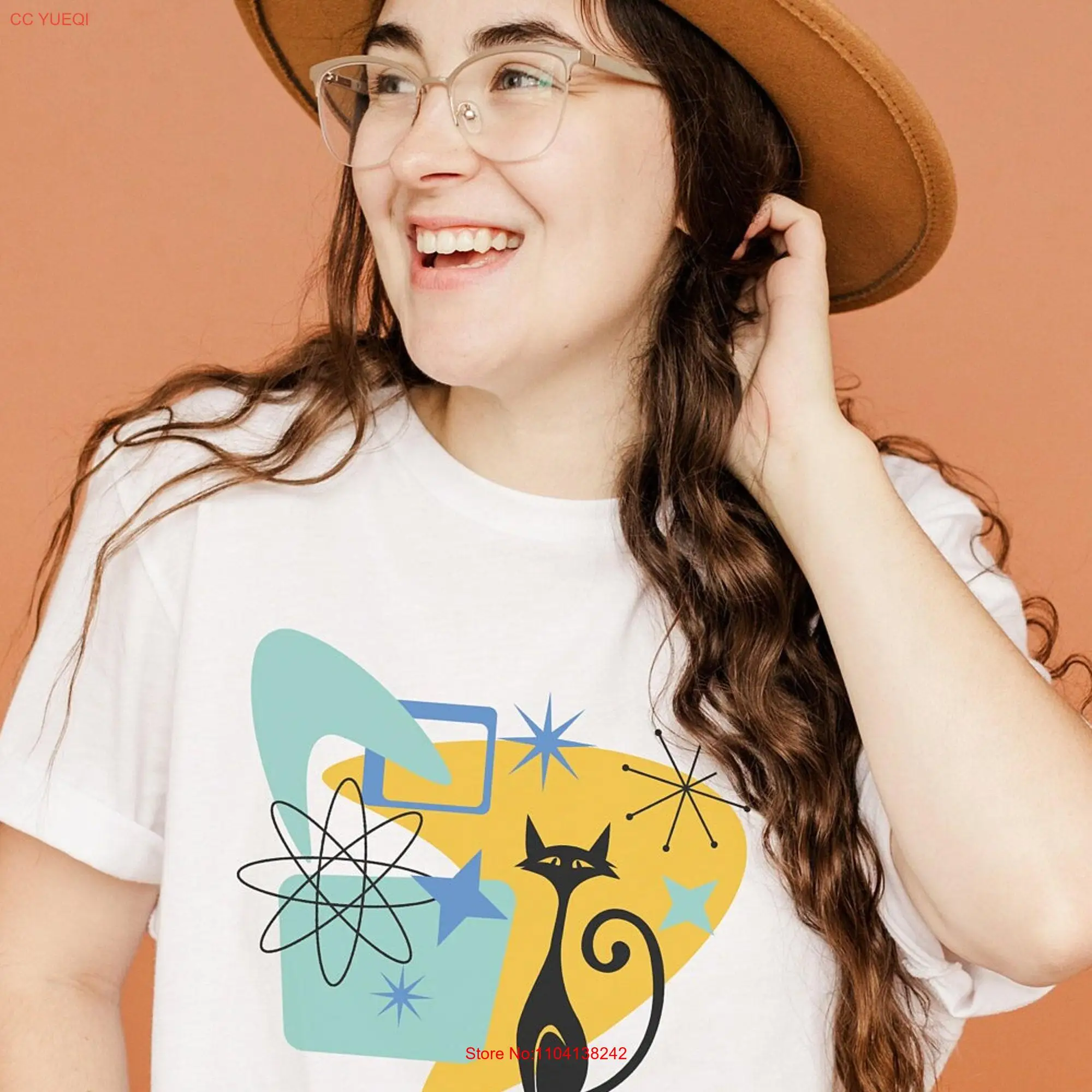 Camiseta de gato moderno de mediados de siglo Atomic for Artsy Aesthetic Unique Midcentury ArT Her, manga larga o corta