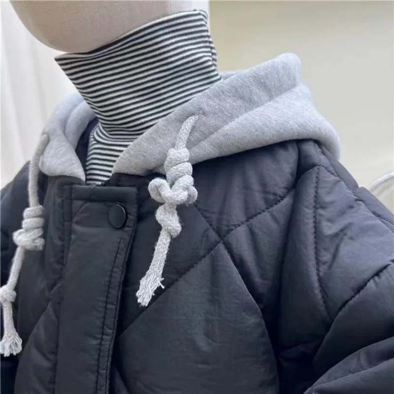 Children Cotton Padded Coats Winter Solid Plaid Warm Boys Girls Hooded Parka 1-8Years Kids Loose Casual Quilted Jackets