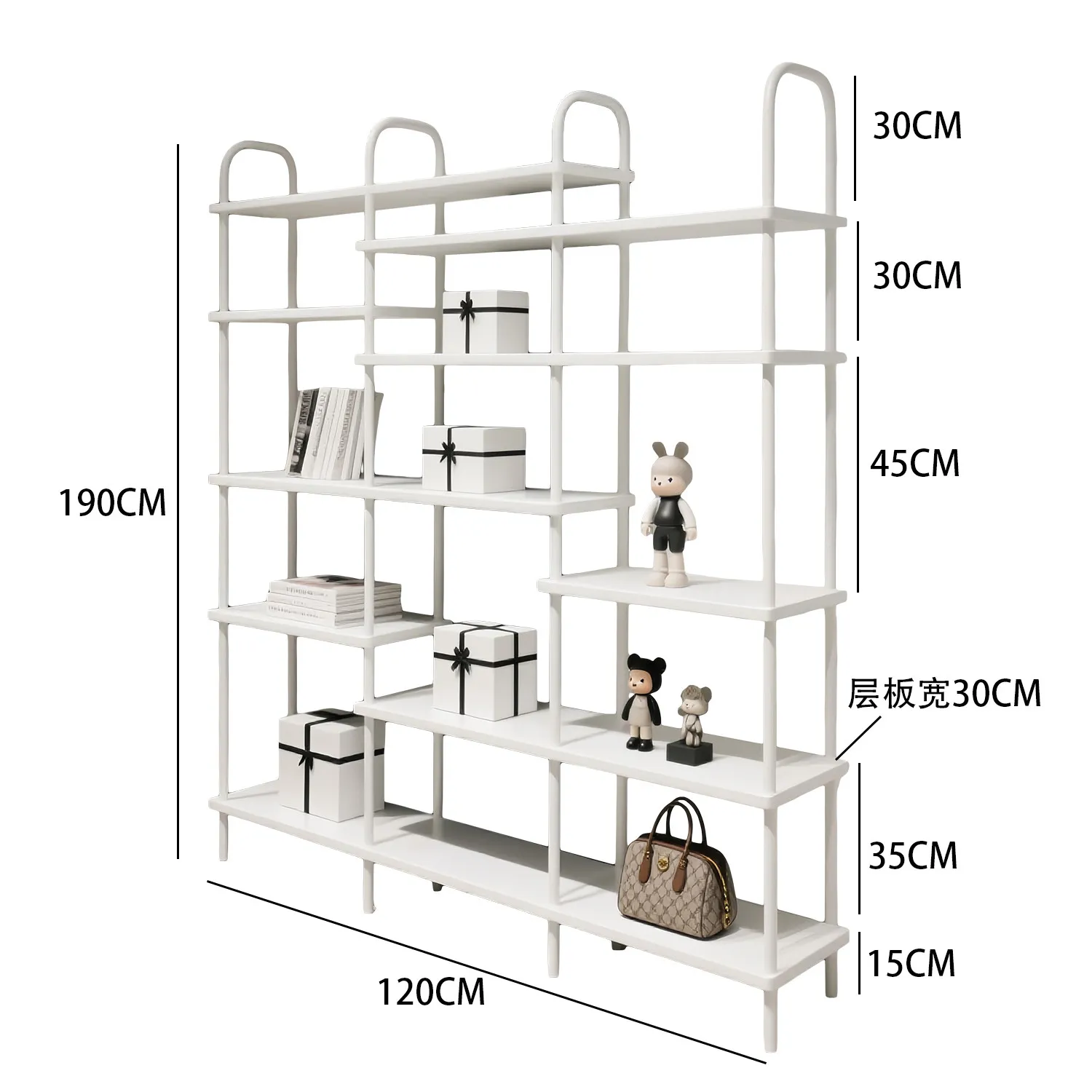 Boutique shoe display racks, bar display shelves, floor-to-ceiling bag displays, multi-level figurines and shelves