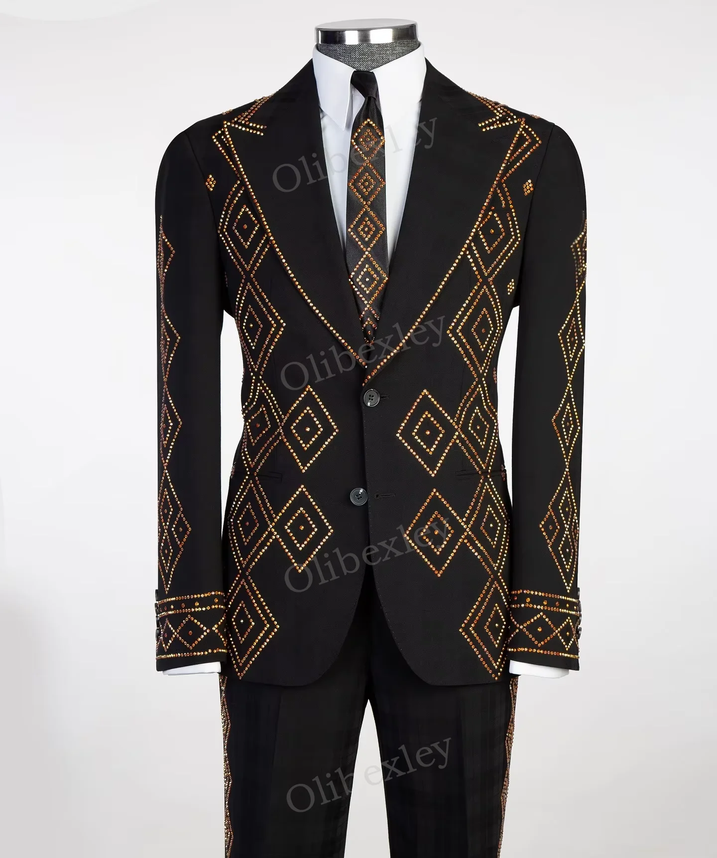 

Olibexley Men's Suits 2 Pieces Tailored Made Beaded Crystals Single Breasted Slim Fit Suits Wedding Groom Business Prom