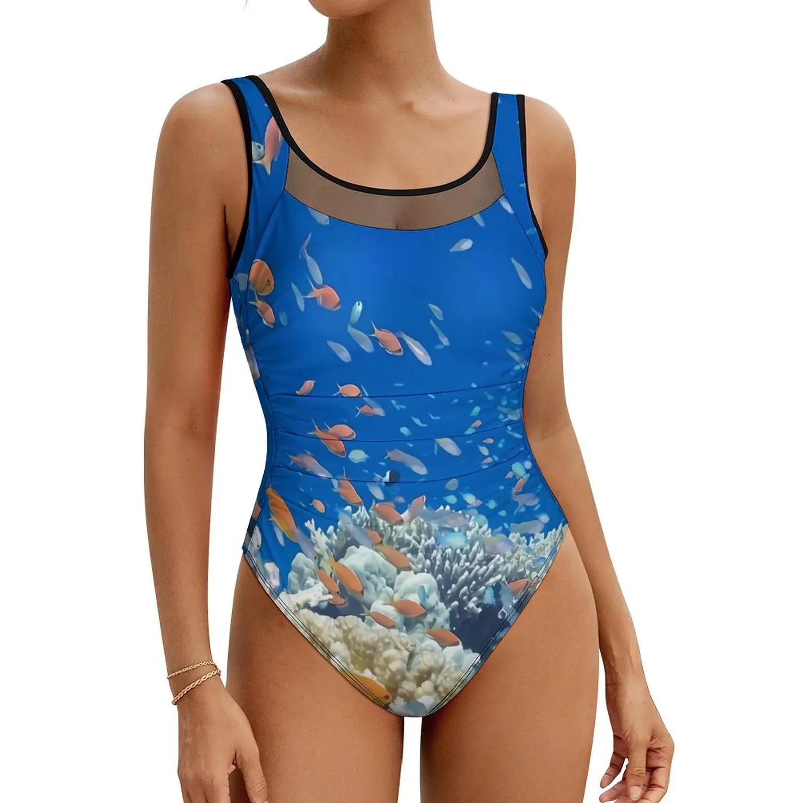 

Tropical Marine Swimsuit Sexy Shoal of Fish Lady Swimwear One-Piece Stylish Bodysuit Holiday Rave Push Up High Cut Bathing Suits