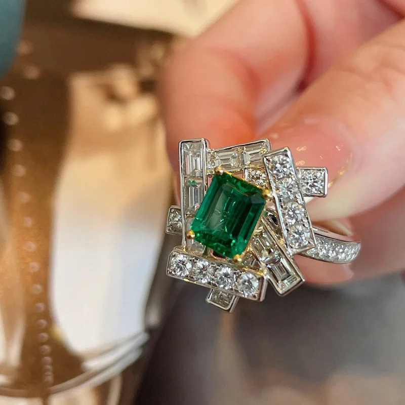 925 sterling silver high-end light luxury emerald rectangular diamond ring for women, versatile temperament, sweet jewelry gift