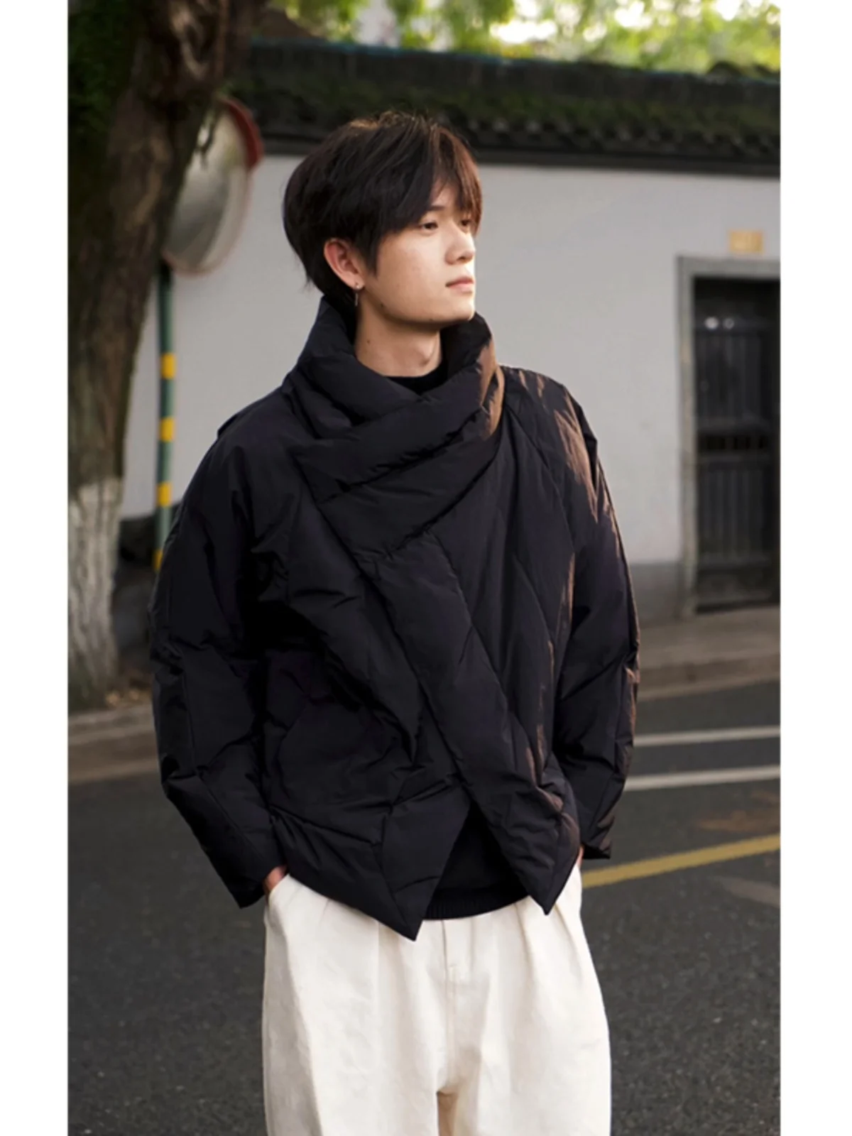 Cleanfit Short down Cotton Jacket Men's Winter Irregular Design Stand Collar Batwing Sleeve Coat Warm Casual Loose Fit
