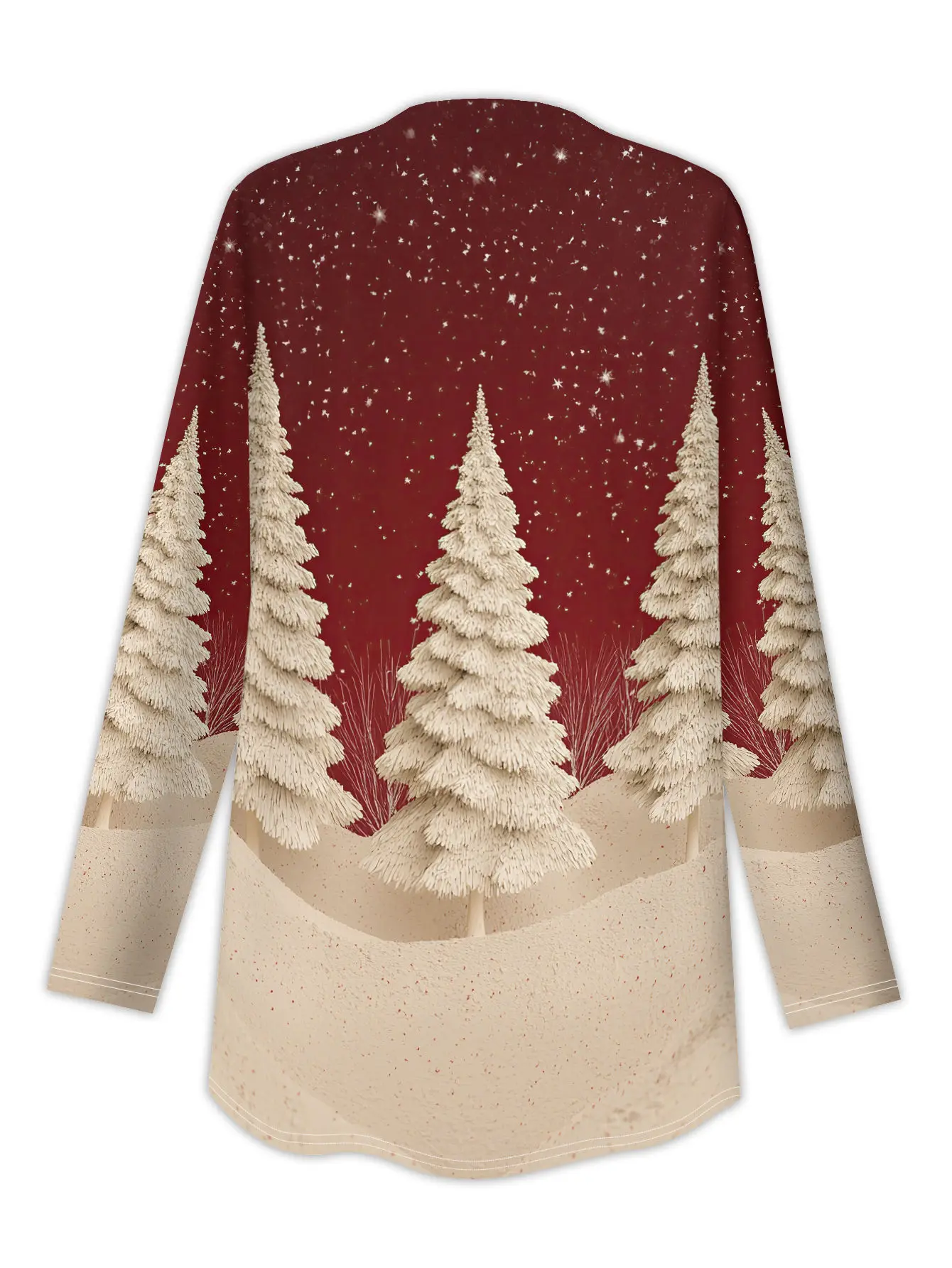 여성용 3D 크리스마스 트리 가디건, 베이지 레드 프린트 디자인, 긴 소매 오픈 프론트, 캐주얼 홀리데이 스타일