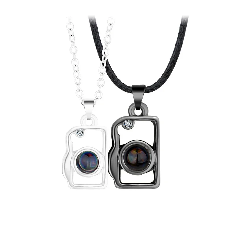 Lovecryst 2pcs/set Attractive Magnetic Heart Camera Puzzle Pendant 100 Languages I Love You Projection Couple Necklace Gifts