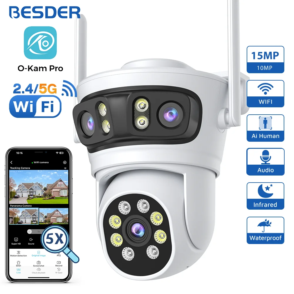 BESDER 15MP Wifi IP Camera PTZ 9MP Three Screen 180° Wide Angle Outdoor Auto Tracking CCTV Security Protection O-Kam Pro