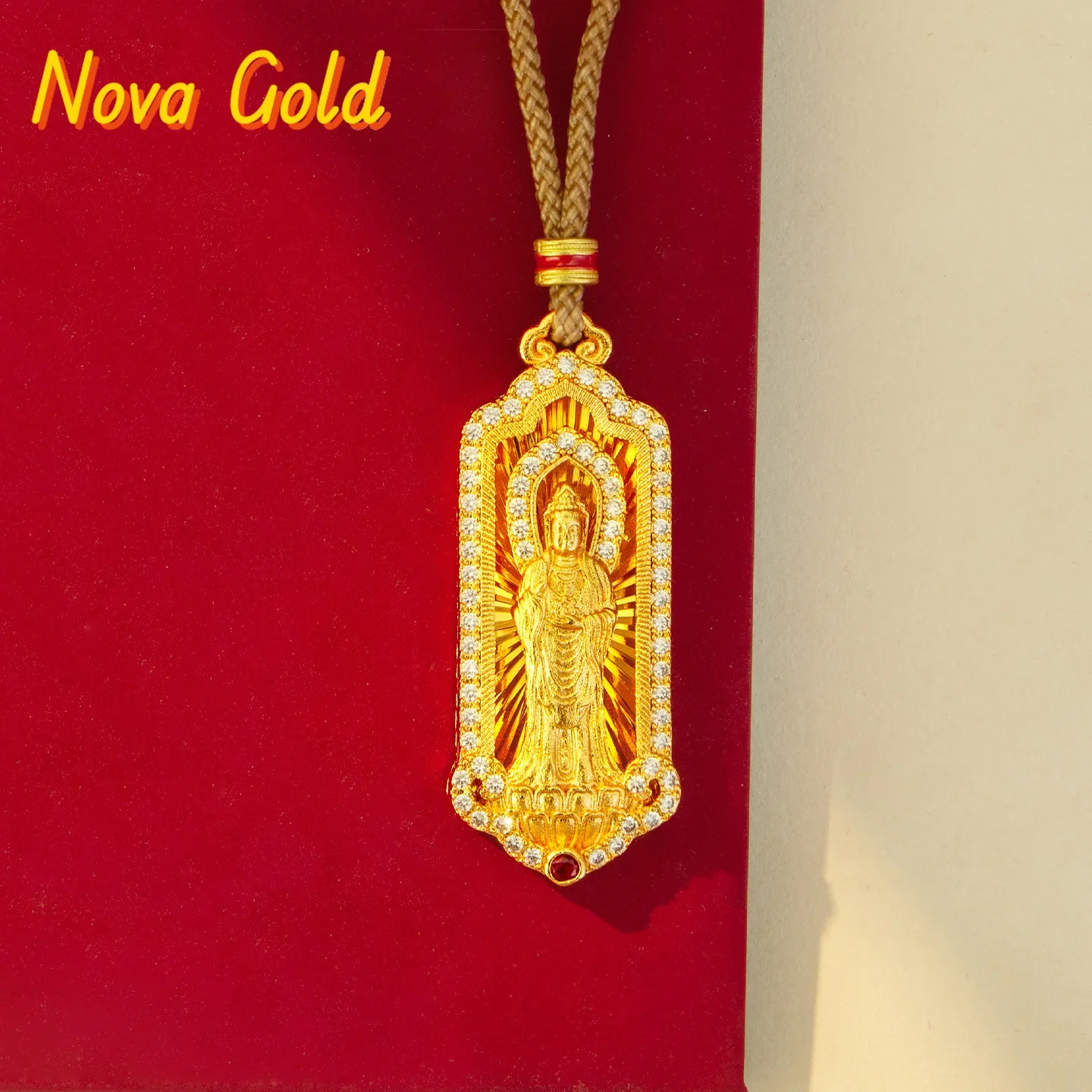 

NovaGlod Luxury gold store 9999 24K real gold certifid point diamond Putuo Guanyin necklace women's exquisite retro clavicle cha