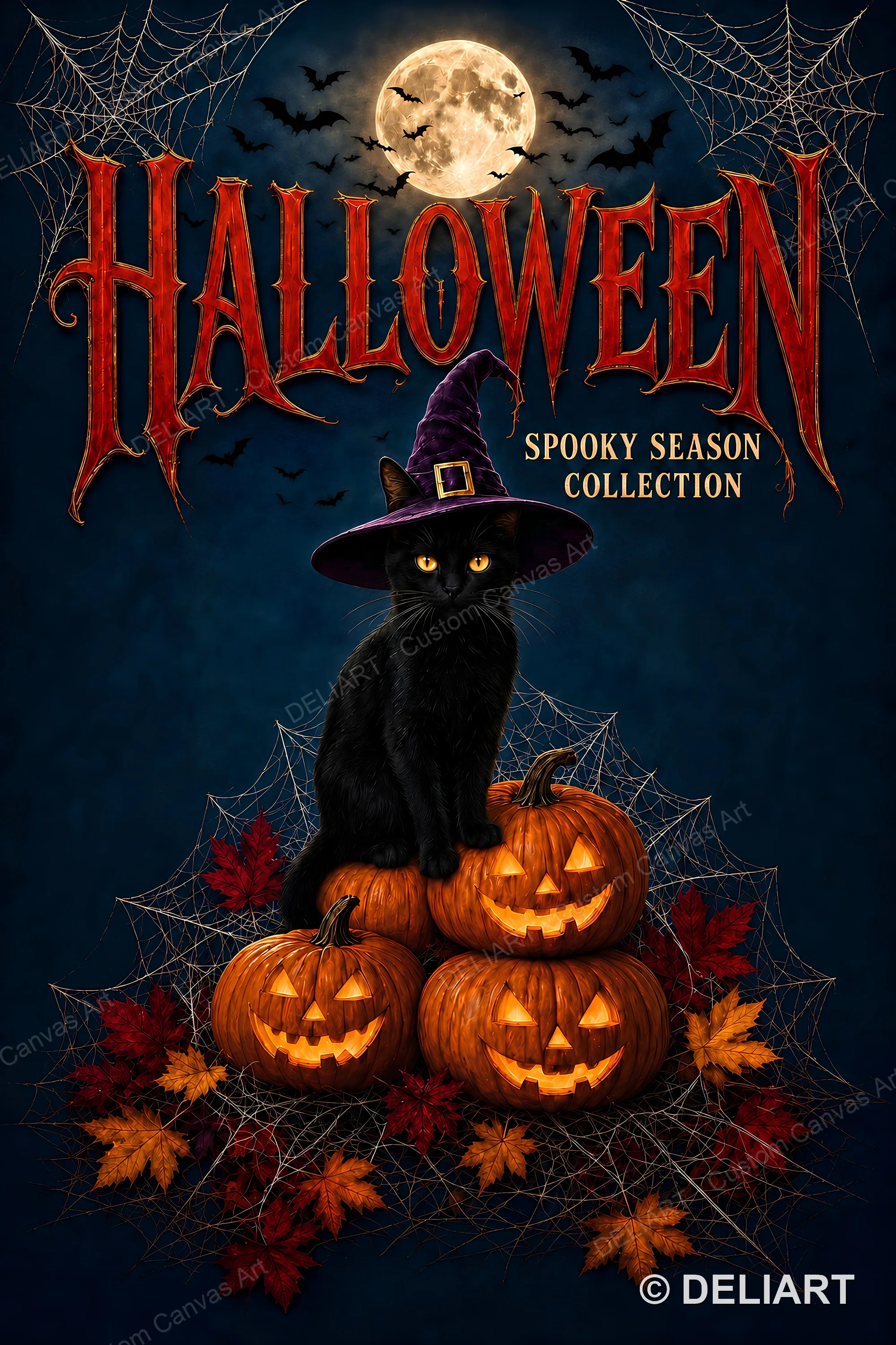 Halloween Canvas Wall Art Poster Cute Ghost Black Cat Pumpkin Spooky Season Gothic Vintage Print Living Room Decor Unframed