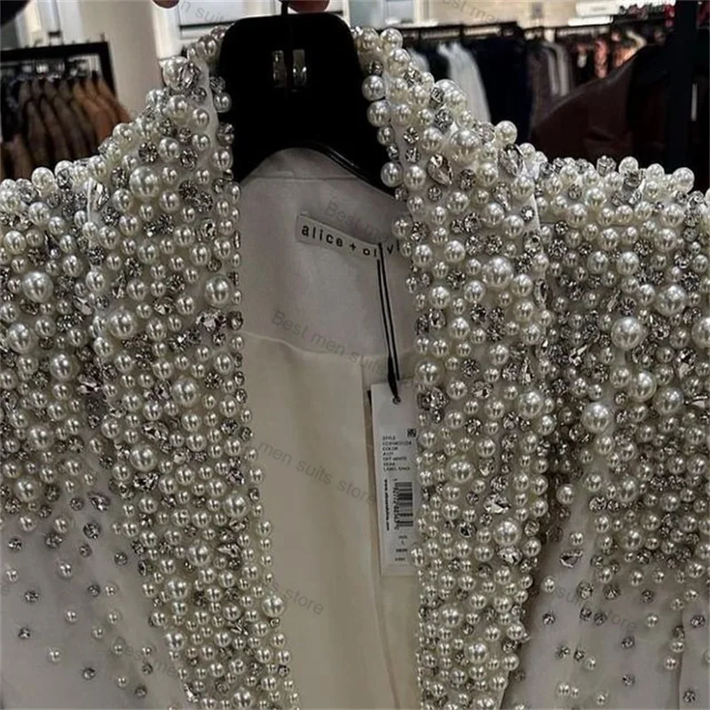 White Pearls Women Suit Set 2 Piece Blazer+Pants Trousers Elegant Formal Office Jacket Customized Wedding Tuxedos  Spring Coat