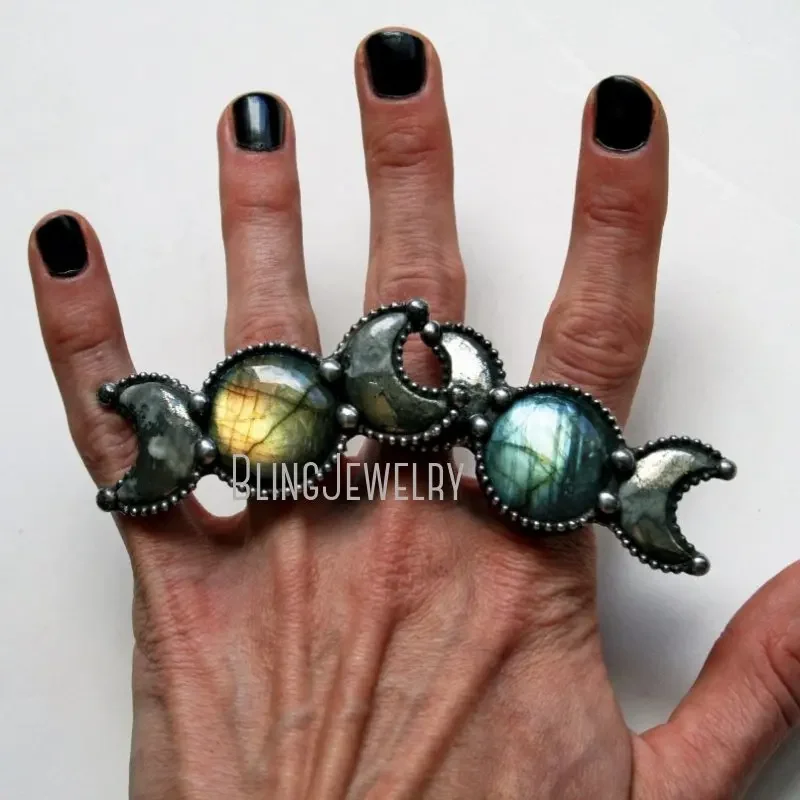 10 pezzi Labradorite pirite Crescent Moon Statement Ring Halloween Goth Gothic Retro Stainless Steel Boho Women Jewelry Cool Stuff