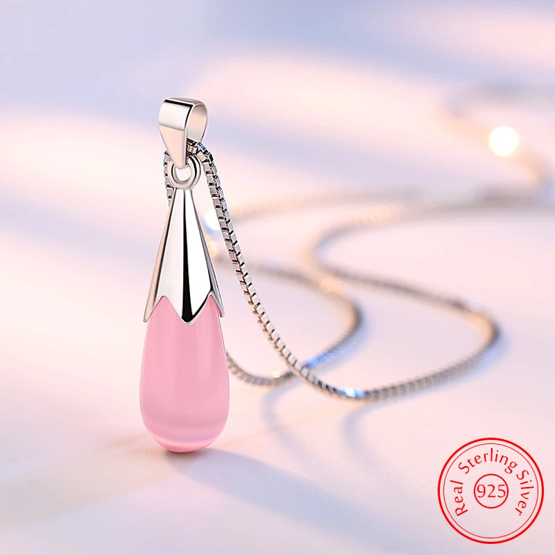 

Genuine 925 Sterling Silver Woman's Fashion Jewelry Opal Water Droplet Pendant Necklace New FQL23254PK