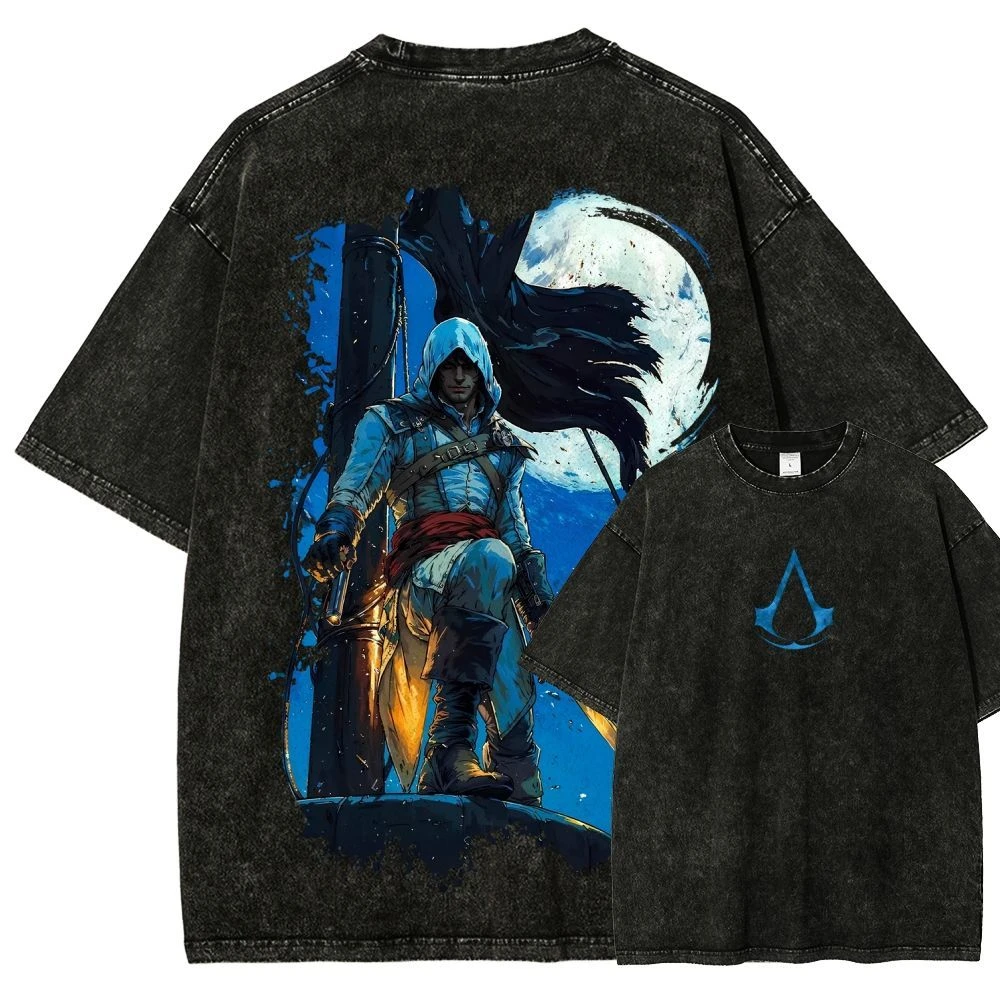 Hot Assassin's Creed Sergio Red and White Assassin Emblem Double-sided Washed Made Old Short Sleeve T-shirt Loose Cotton